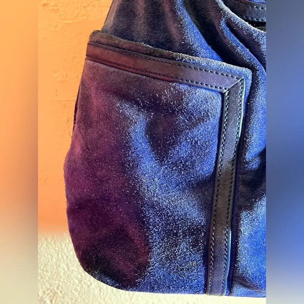 Tory Burch Suede Blue Hobo Bag leather trim gold tone hardware zip top classic